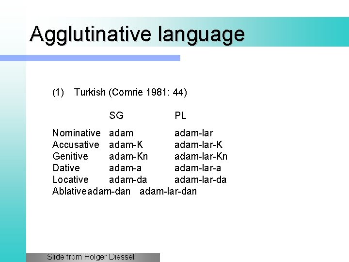 Agglutinative language (1) Turkish (Comrie 1981: 44) SG PL Nominative adam-lar Accusative adam-K adam-lar-K