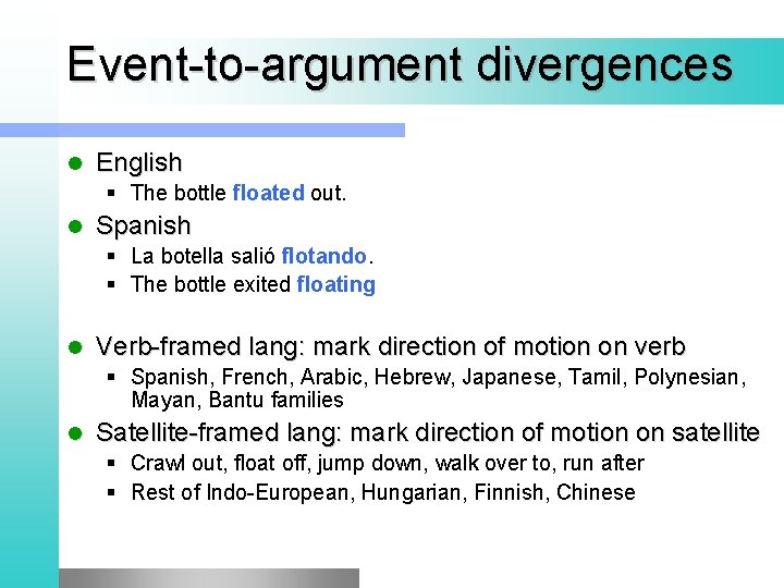 Event-to-argument divergences l English § The bottle floated out. l Spanish § La botella