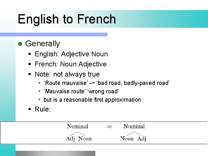 English to French l Generally § English: Adjective Noun § French: Noun Adjective §