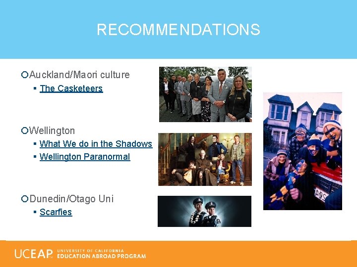 RECOMMENDATIONS Auckland/Maori culture § The Casketeers Wellington § What We do in the Shadows