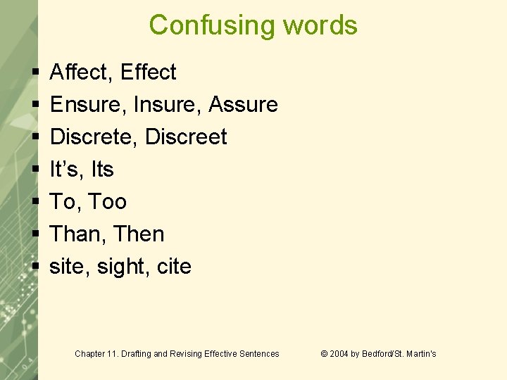 Confusing words § § § § Affect, Effect Ensure, Insure, Assure Discrete, Discreet It’s, Confusing words § § § § Affect, Effect Ensure, Insure, Assure Discrete, Discreet It’s,