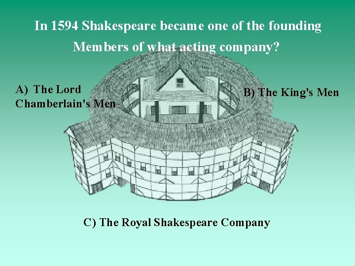 In 1594 Shakespeare became one of the founding Members of what acting company? A)