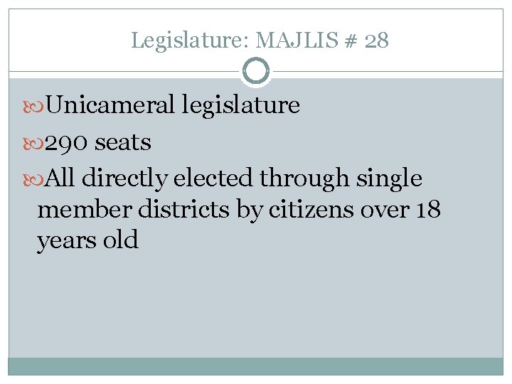Legislature: MAJLIS # 28 Unicameral legislature 290 seats All directly elected through single member