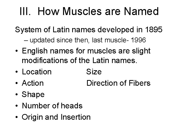III. How Muscles are Named System of Latin names developed in 1895 – updated