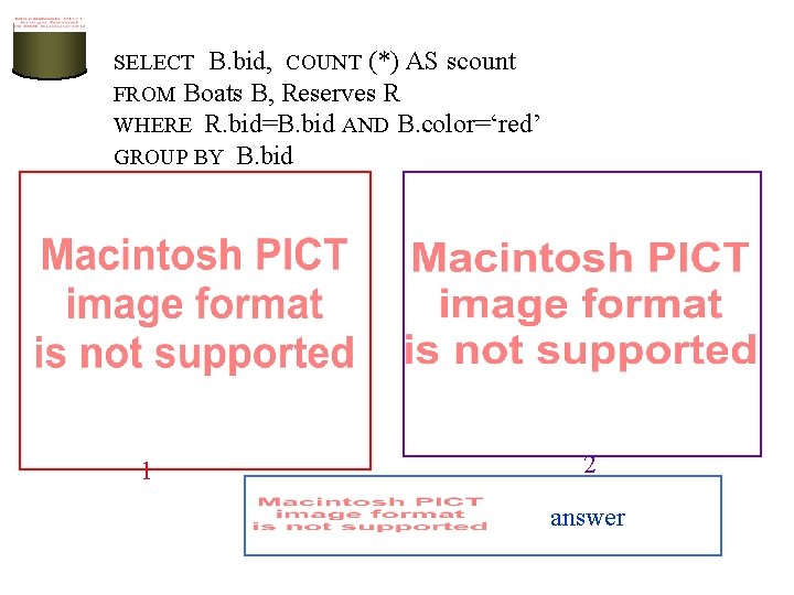 SELECT B. bid, COUNT (*) AS scount FROM Boats B, Reserves R WHERE R.