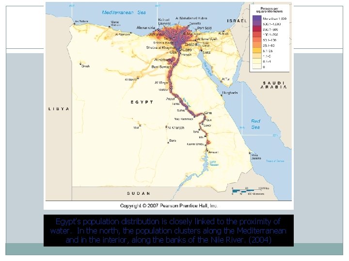 Egypt’s population distribution is closely linked to the proximity of water. In the north,