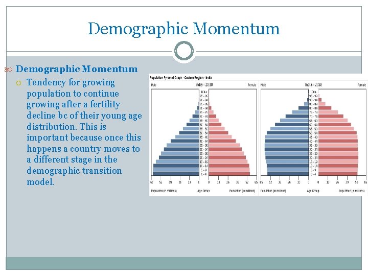 Demographic Momentum Tendency for growing population to continue growing after a fertility decline bc