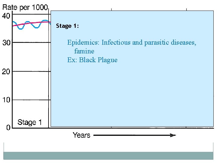 Stage 1: Epidemics: Infectious and parasitic diseases, famine Ex: Black Plague 