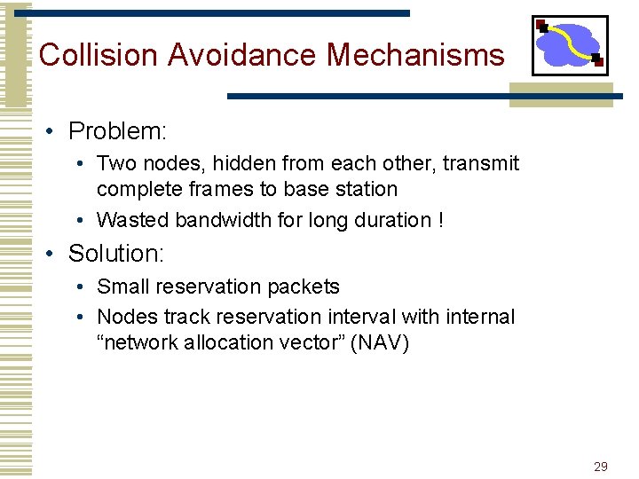 Collision Avoidance Mechanisms • Problem: • Two nodes, hidden from each other, transmit complete
