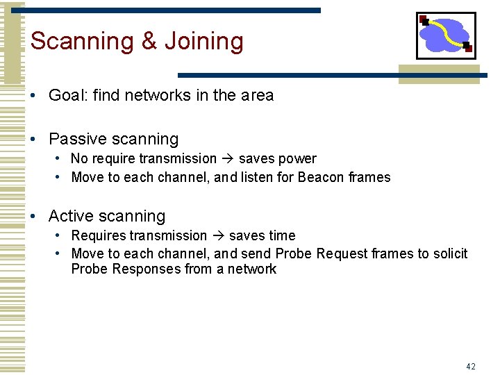 Scanning & Joining • Goal: find networks in the area • Passive scanning •