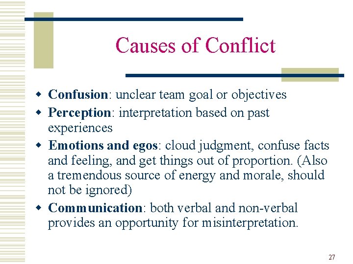 Causes of Conflict w Confusion: unclear team goal or objectives w Perception: interpretation based