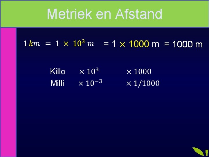 Metriek en Afstand Omrekenen met een factor (metriek) = 1000 m 