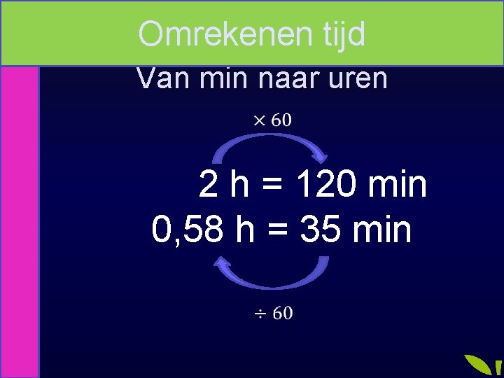 Omrekenen tijd Van min naar uren 2 h = 120 min 0, 58 h