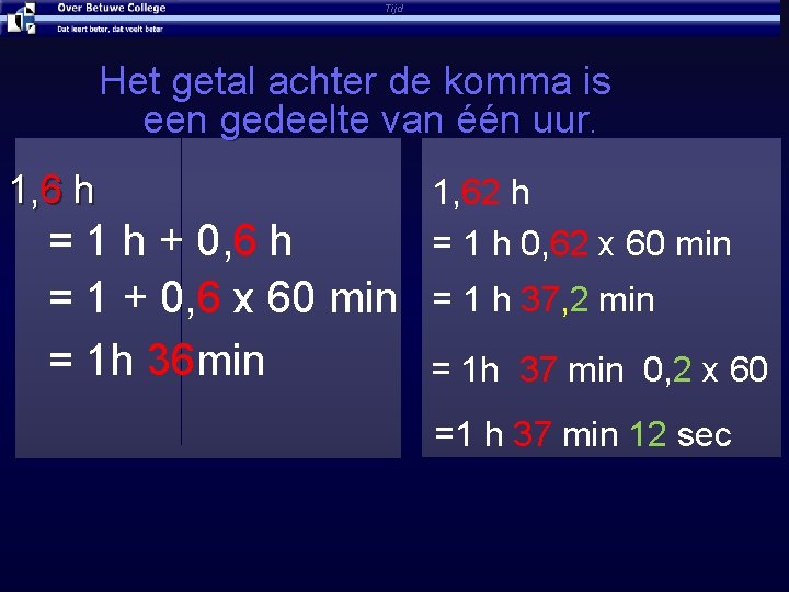 Tijd Het getal achter de komma is een gedeelte van één uur. 1, 6
