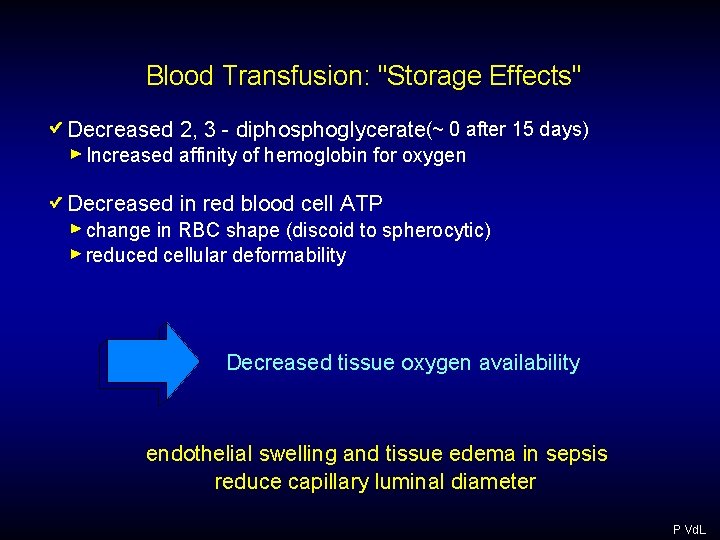 Blood Transfusion: "Storage Effects" Decreased 2, 3 - diphosphoglycerate(~ 0 after 15 days) Increased Blood Transfusion: "Storage Effects" Decreased 2, 3 - diphosphoglycerate(~ 0 after 15 days) Increased