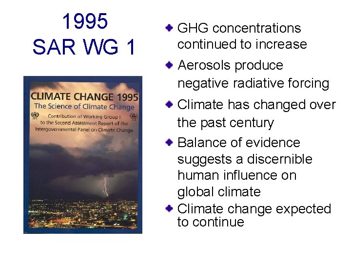 1995 SAR WG 1 GHG concentrations continued to increase Aerosols produce negative radiative forcing