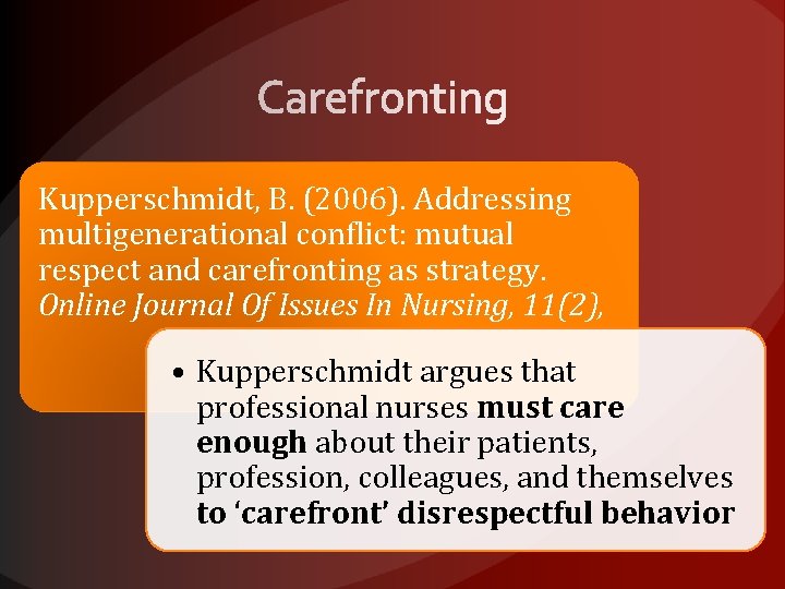 Kupperschmidt, B. (2006). Addressing multigenerational conflict: mutual respect and carefronting as strategy. Online Journal