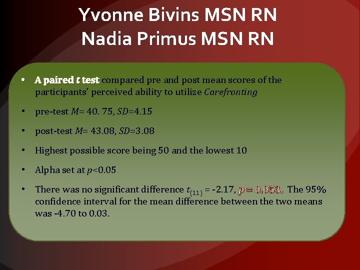 Yvonne Bivins MSN RN Nadia Primus MSN RN • A paired t test compared