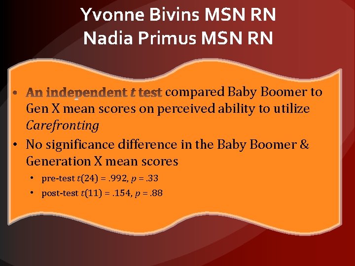 Yvonne Bivins MSN RN Nadia Primus MSN RN compared Baby Boomer to Gen X
