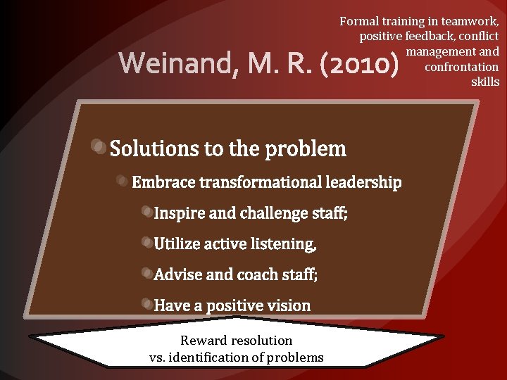 Formal training in teamwork, positive feedback, conflict management and confrontation skills Reward resolution vs.