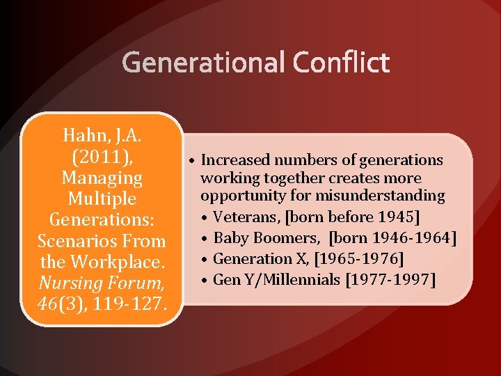 Hahn, J. A. (2011), Managing Multiple Generations: Scenarios From the Workplace. Nursing Forum, 46(3),