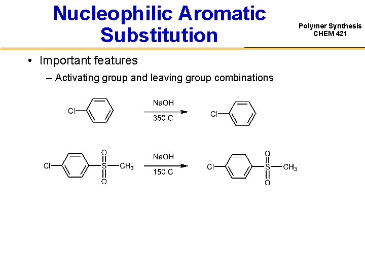 Nucleophilic Aromatic Substitution • Important features – Activating group and leaving group combinations Polymer
