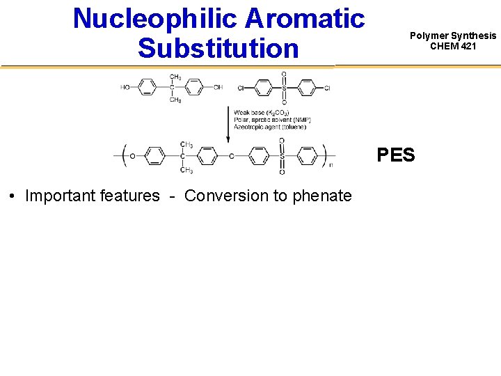 Nucleophilic Aromatic Substitution Polymer Synthesis CHEM 421 PES • Important features - Conversion to