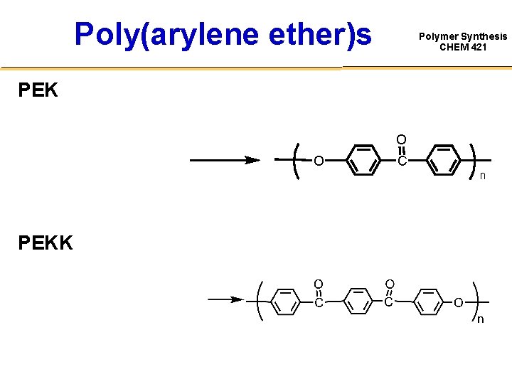 Poly(arylene ether)s Polymer Synthesis CHEM 421 PEK O O C n PEKK 