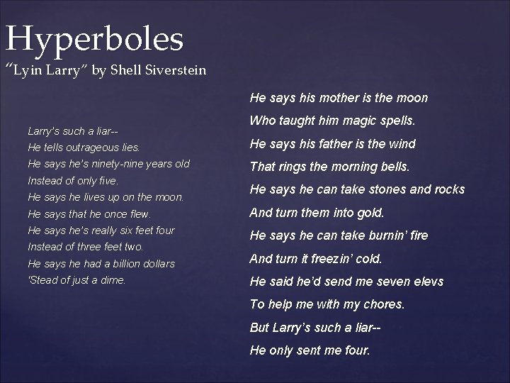 Hyperboles “Lyin Larry” by Shell Siverstein He says his mother is the moon Larry’s