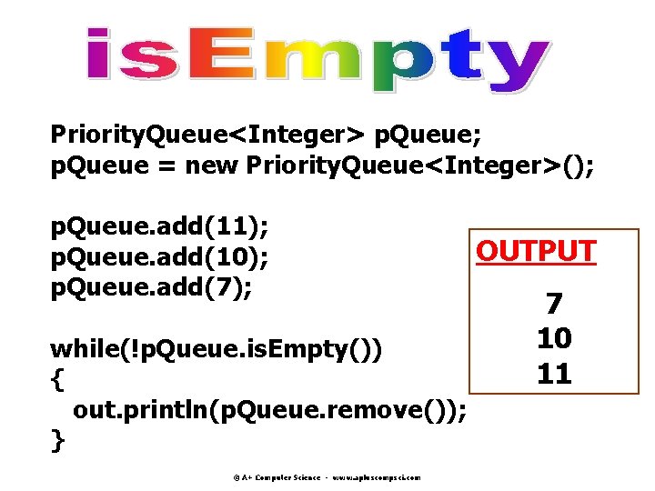 Priority. Queue<Integer> p. Queue; p. Queue = new Priority. Queue<Integer>(); p. Queue. add(11); p. Priority. Queue<Integer> p. Queue; p. Queue = new Priority. Queue<Integer>(); p. Queue. add(11); p.
