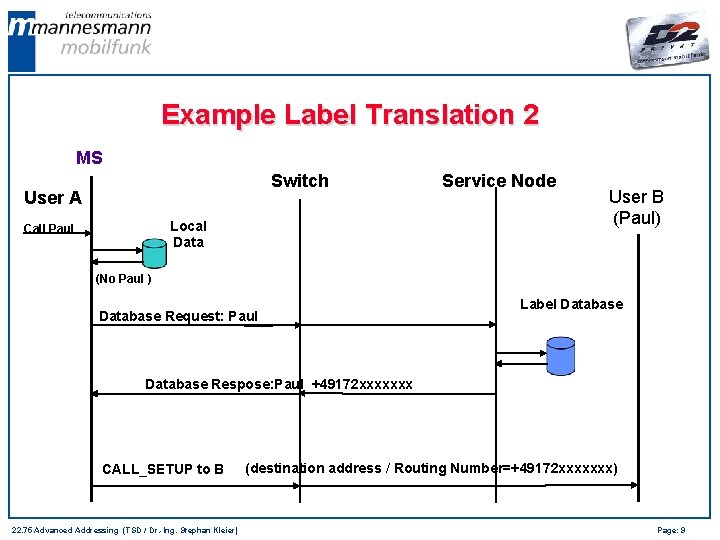Example Label Translation 2 MS Switch User A Local Data Call Paul Service Node