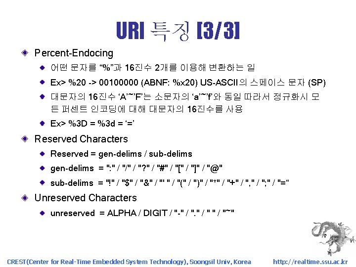 URI 특징 [3/3] Percent-Endocing 어떤 문자를 “%”과 16진수 2개를 이용해 변환하는 일 Ex> %20