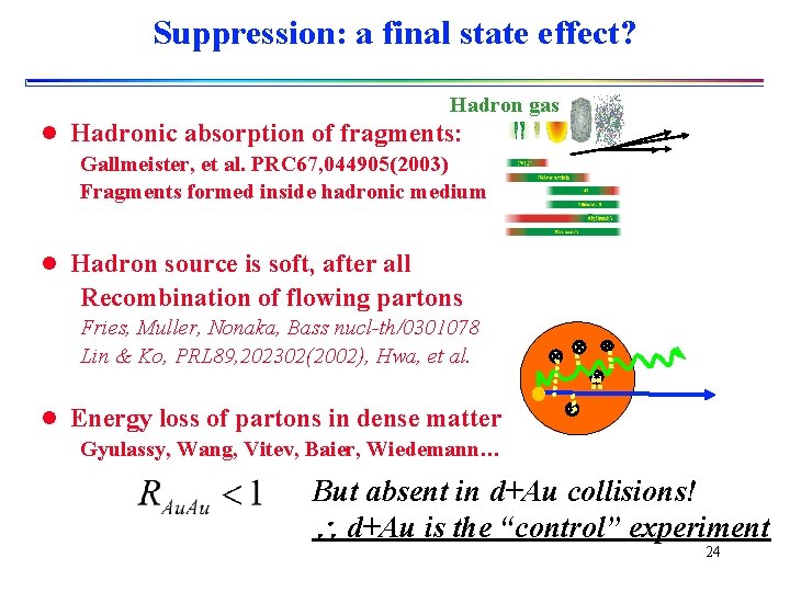 Suppression: a final state effect? Hadron gas l Hadronic absorption of fragments: Gallmeister, et