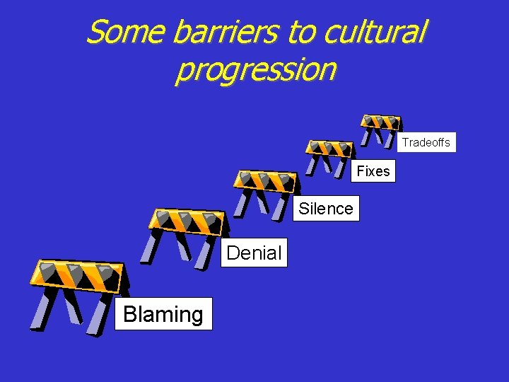 Some barriers to cultural progression Tradeoffs Fixes Silence Denial Blaming 