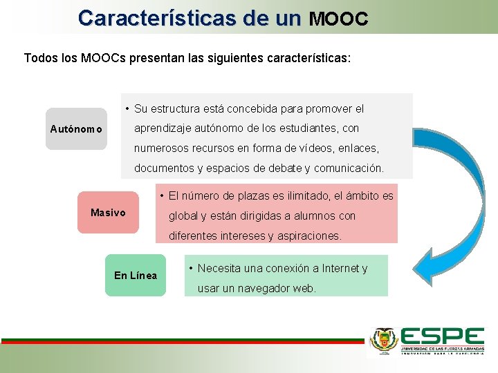 Características de un MOOC Todos los MOOCs presentan las siguientes características: • Su estructura