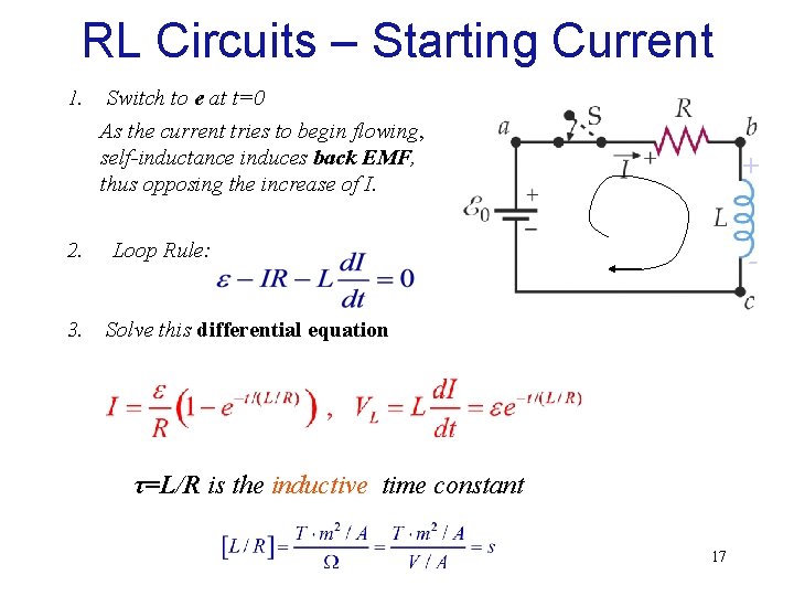 RL Circuits – Starting Current 1. Switch to e at t=0 As the current