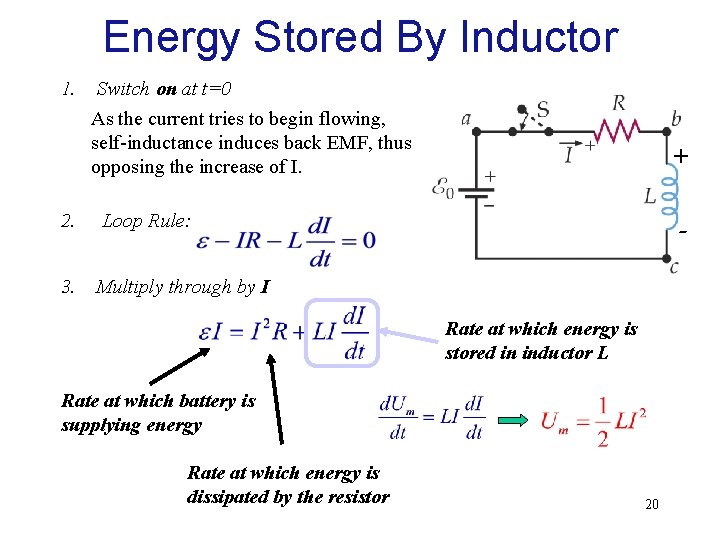 Energy Stored By Inductor 1. Switch on at t=0 As the current tries to