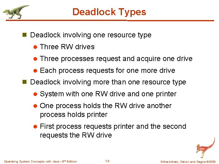Deadlock Types n Deadlock involving one resource type l Three RW drives l Three Deadlock Types n Deadlock involving one resource type l Three RW drives l Three