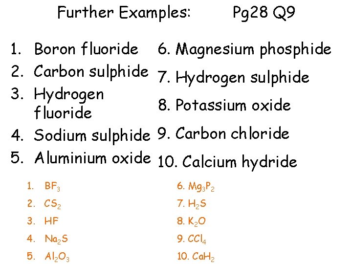 Further Examples: Pg 28 Q 9 1. Boron fluoride 6. Magnesium phosphide 2. Carbon