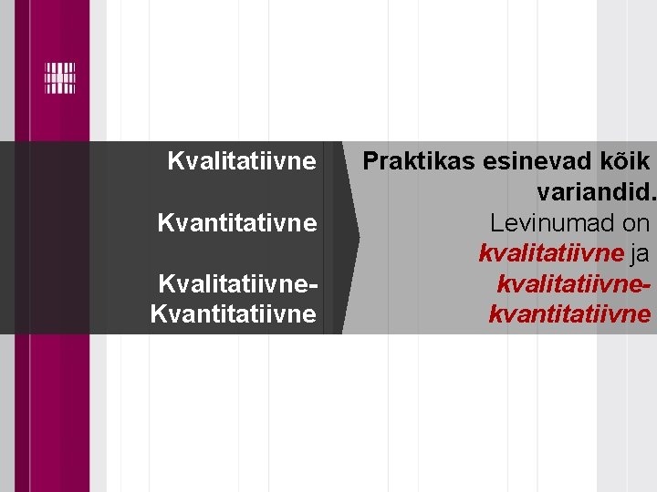 Kvalitatiivne Kvantitativne Kvalitatiivne. Kvantitatiivne Praktikas esinevad kõik variandid. Levinumad on kvalitatiivne ja kvalitatiivnekvantitatiivne Kvalitatiivne Kvantitativne Kvalitatiivne. Kvantitatiivne Praktikas esinevad kõik variandid. Levinumad on kvalitatiivne ja kvalitatiivnekvantitatiivne