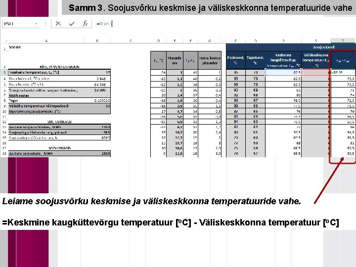 Samm 3. Soojusvõrku keskmise ja väliskeskkonna temperatuuride vahe Leiame soojusvõrku keskmise ja väliskeskkonna temperatuuride