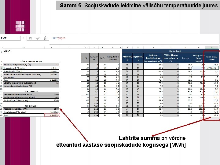 Samm 6. Soojuskadude leidmine välisõhu temperatuuride juures Lahtrite summa on võrdne etteantud aastase soojuskadude