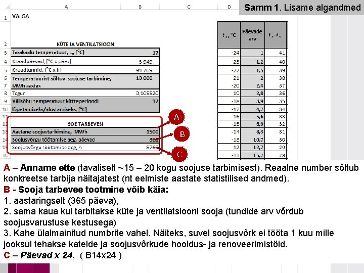 Samm 1. Lisame algandmed A B C A – Anname ette (tavaliselt ~15 – Samm 1. Lisame algandmed A B C A – Anname ette (tavaliselt ~15 –