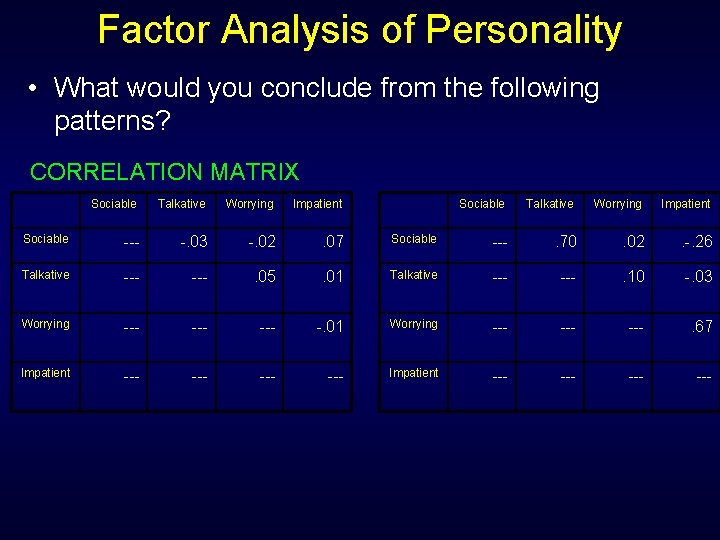 Factor Analysis of Personality • What would you conclude from the following patterns? CORRELATION