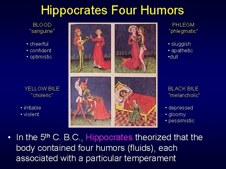 Hippocrates Four Humors BLOOD “sanguine” • cheerful • confident • optimistic YELLOW BILE “choleric”