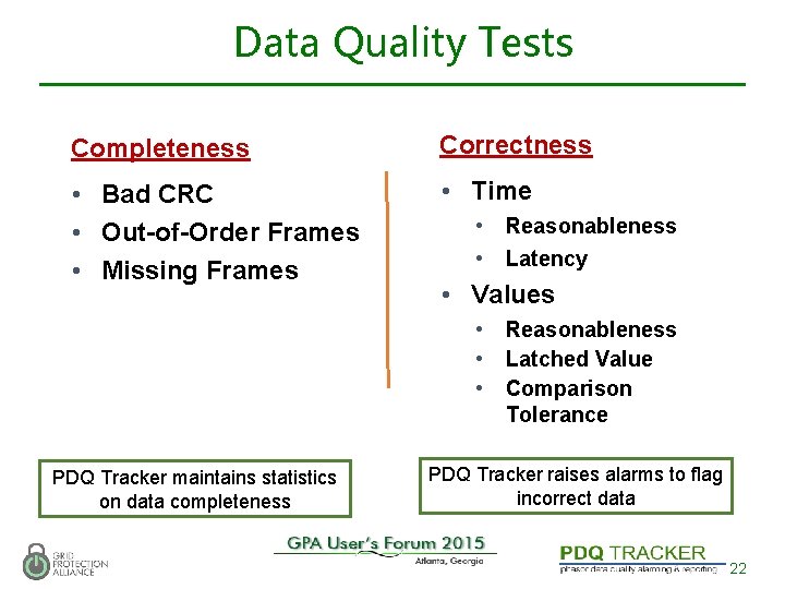 Data Quality Tests Completeness Correctness • Bad CRC • Out-of-Order Frames • Missing Frames