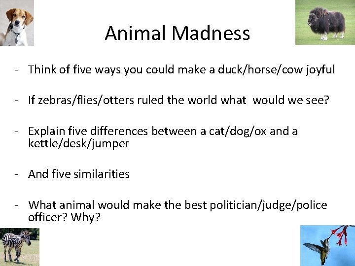 Animal Madness - Think of five ways you could make a duck/horse/cow joyful -