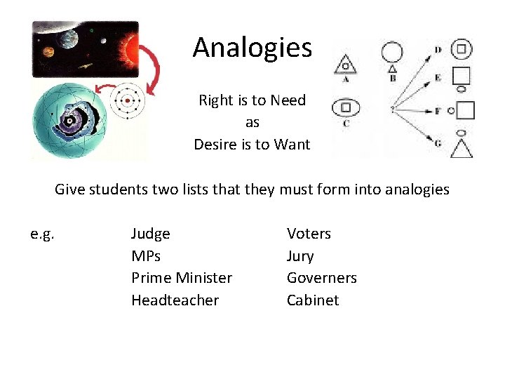 Analogies Right is to Need as Desire is to Want Give students two lists