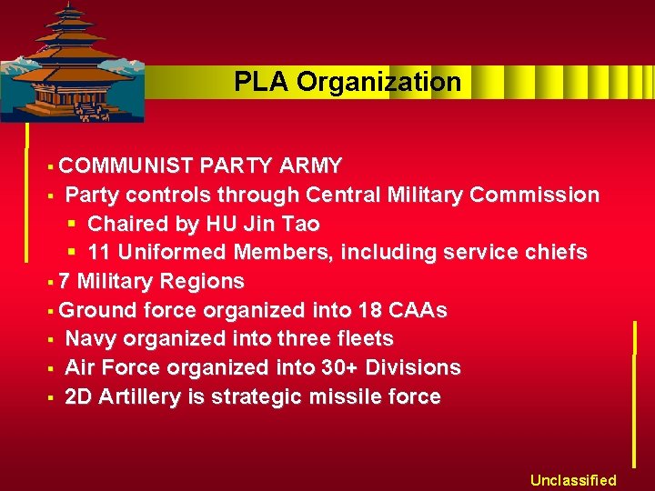 PLA Organization § COMMUNIST PARTY ARMY § Party controls through Central Military Commission §