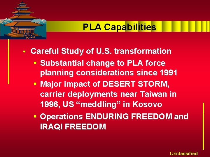 PLA Capabilities § Careful Study of U. S. transformation § Substantial change to PLA